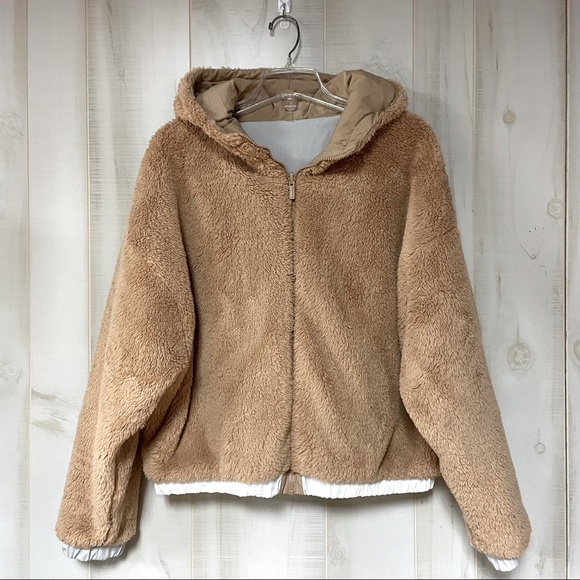 VS Pink Reversible Teddy Grey White Brown Zip Jacket Sz L Hooded - Picture 6 of 10